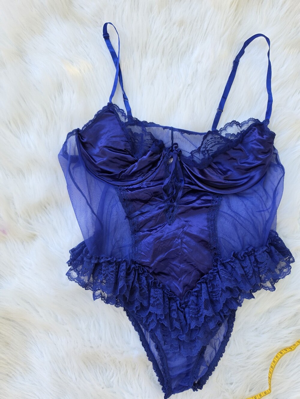 Vtg 80's 90's Royal Blue Satin Lace Lingerie Teddy Bodysuit Romantic Boudoir - Picture 3 of 12
